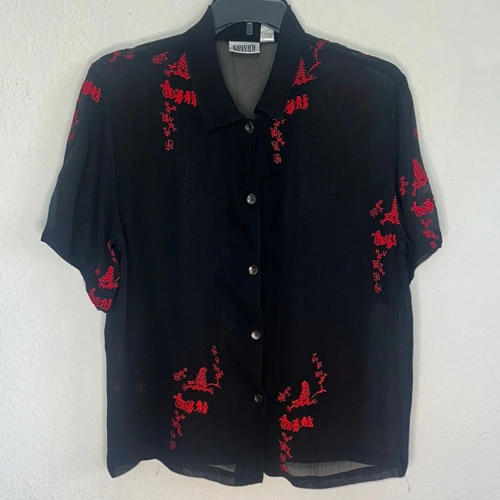 Black and Red Casual Button‎ Down Shirt with Abstract Patterns